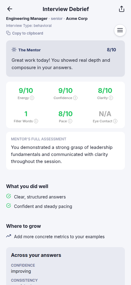 The Speakfect debrief screen showing an overall score, energy, confidence, and clarity breakdown, and the coach's written assessment of a session.