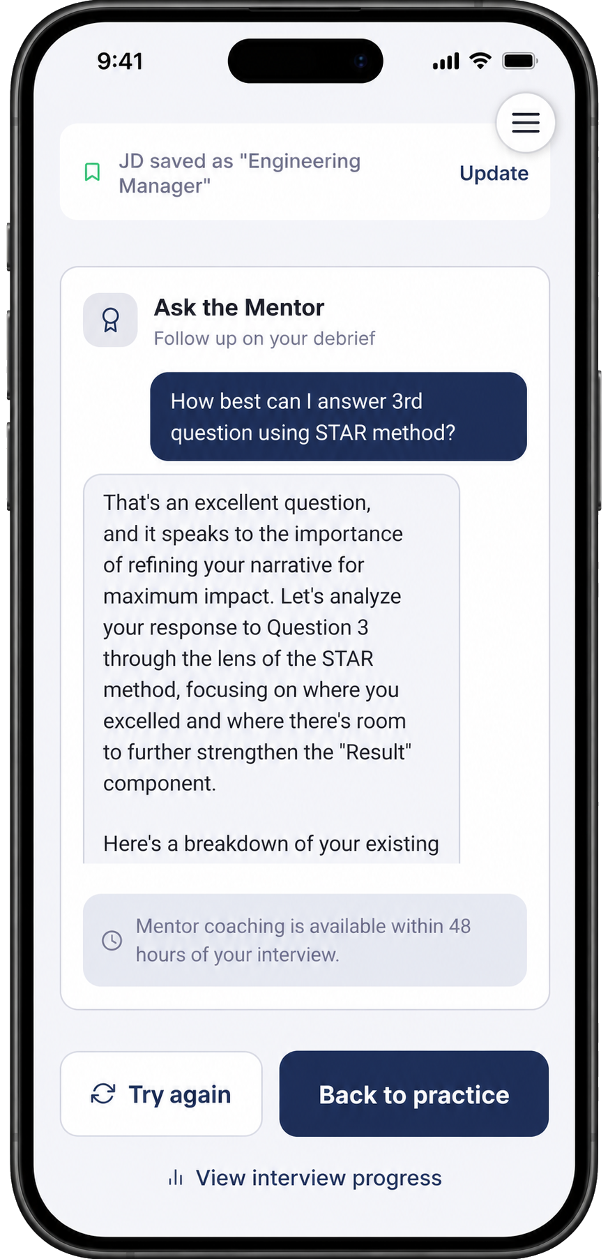 The Ask the Mentor screen showing the question "How best can I answer 3rd question using STAR method?" with the Mentor's detailed response analyzing the specific answer through the STAR lens.