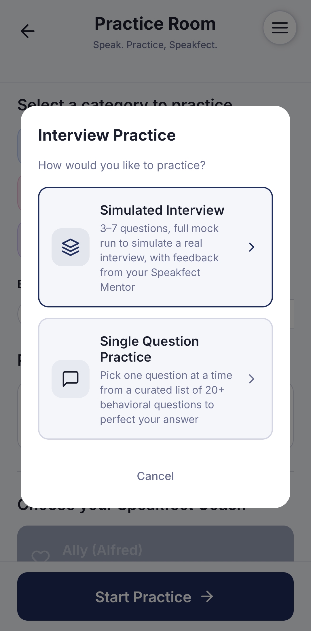 The Interview Practice modal showing two options: Simulated Interview (3–7 questions, full mock run with Mentor feedback) selected, and Single Question Practice below it.