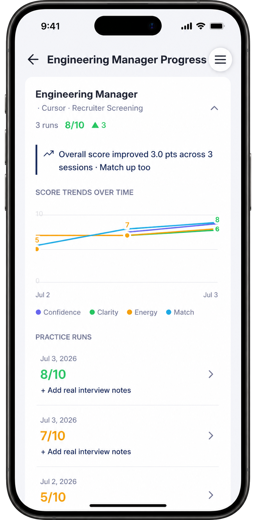 The Engineering Manager Progress chart showing 3 runs with overall score 8/10, a +3 improvement indicator, Score Trends Over Time line chart for Confidence/Clarity/Energy/Match, and practice runs dated Jul 2–3, 2026 showing improvement from 5/10 to 8/10.
