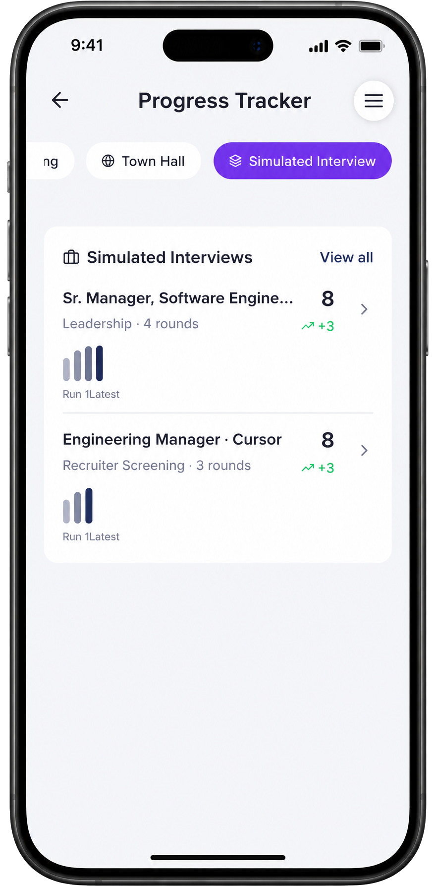 The Progress Tracker screen on the Simulated Interview tab showing two tracks: Sr. Manager Software Engineering (4 rounds, +3) and Engineering Manager · Cursor (3 rounds, +3), each with a bar chart showing improvement.