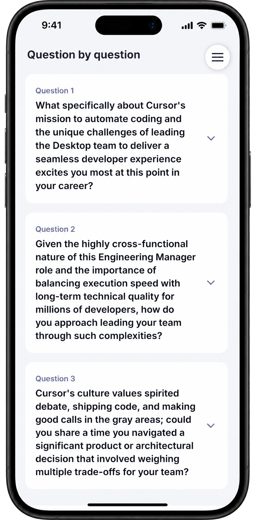 The Question by Question screen showing three Cursor-specific Engineering Manager interview questions about mission alignment, cross-functional leadership, and navigating trade-offs.