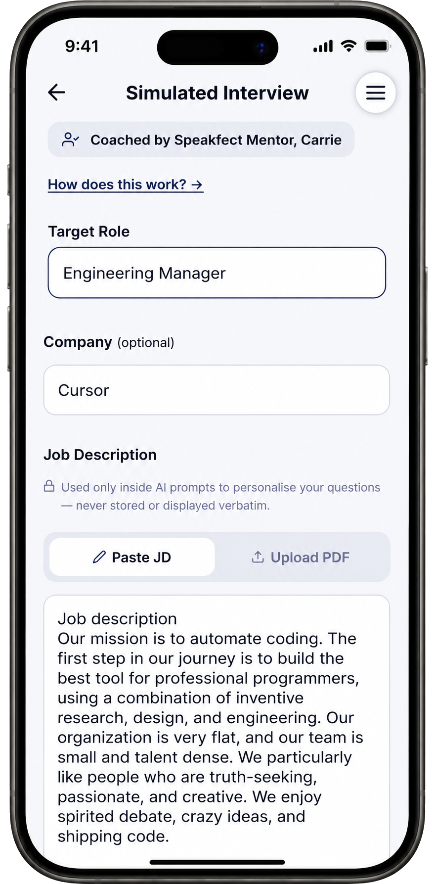 The Simulated Interview setup screen (part 1) showing Target Role set to "Engineering Manager" and Company set to "Cursor", coached by Speakfect Mentor Carrie.