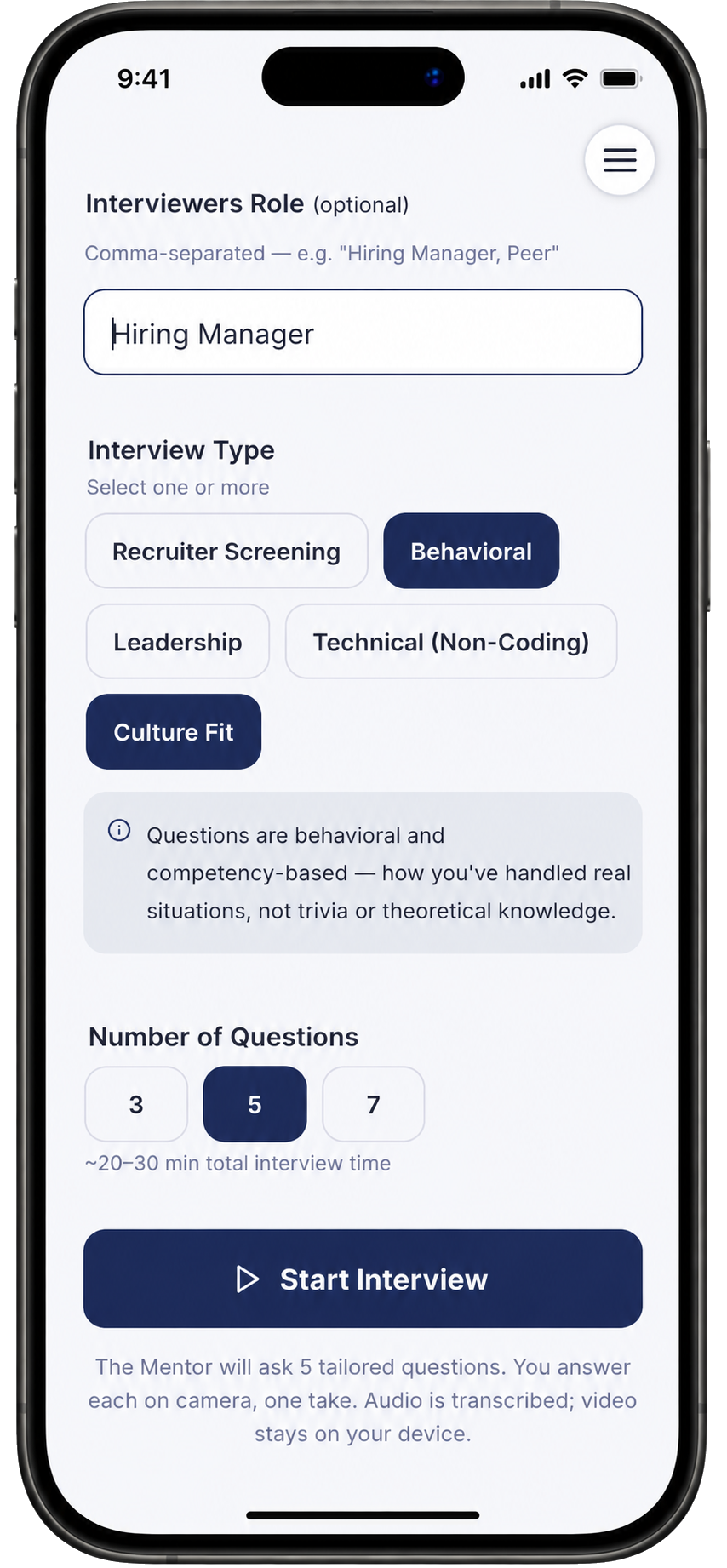 The Simulated Interview setup screen (part 2) showing the Job Description field with Cursor's mission pasted in.