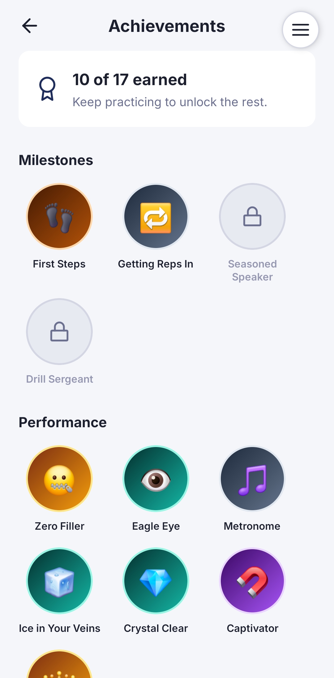 The Achievements screen showing 10 of 17 earned, including Milestones like First Steps and Getting Reps In, and Performance badges like Zero Filler, Eagle Eye, and Metronome.