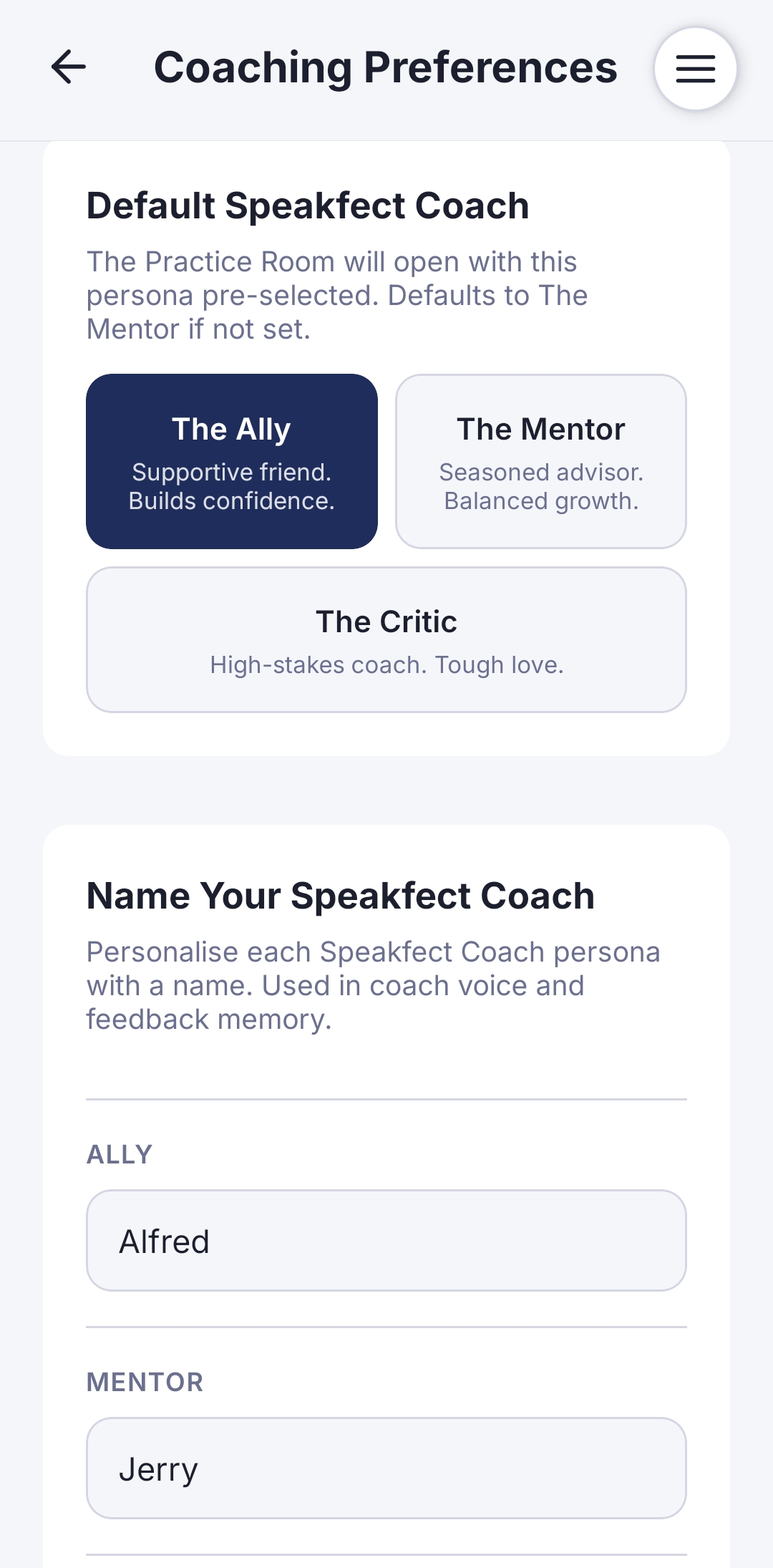 The Coaching Preferences screen showing The Ally selected as the default coach with a name "Alfred" assigned, and The Mentor named "Jerry".