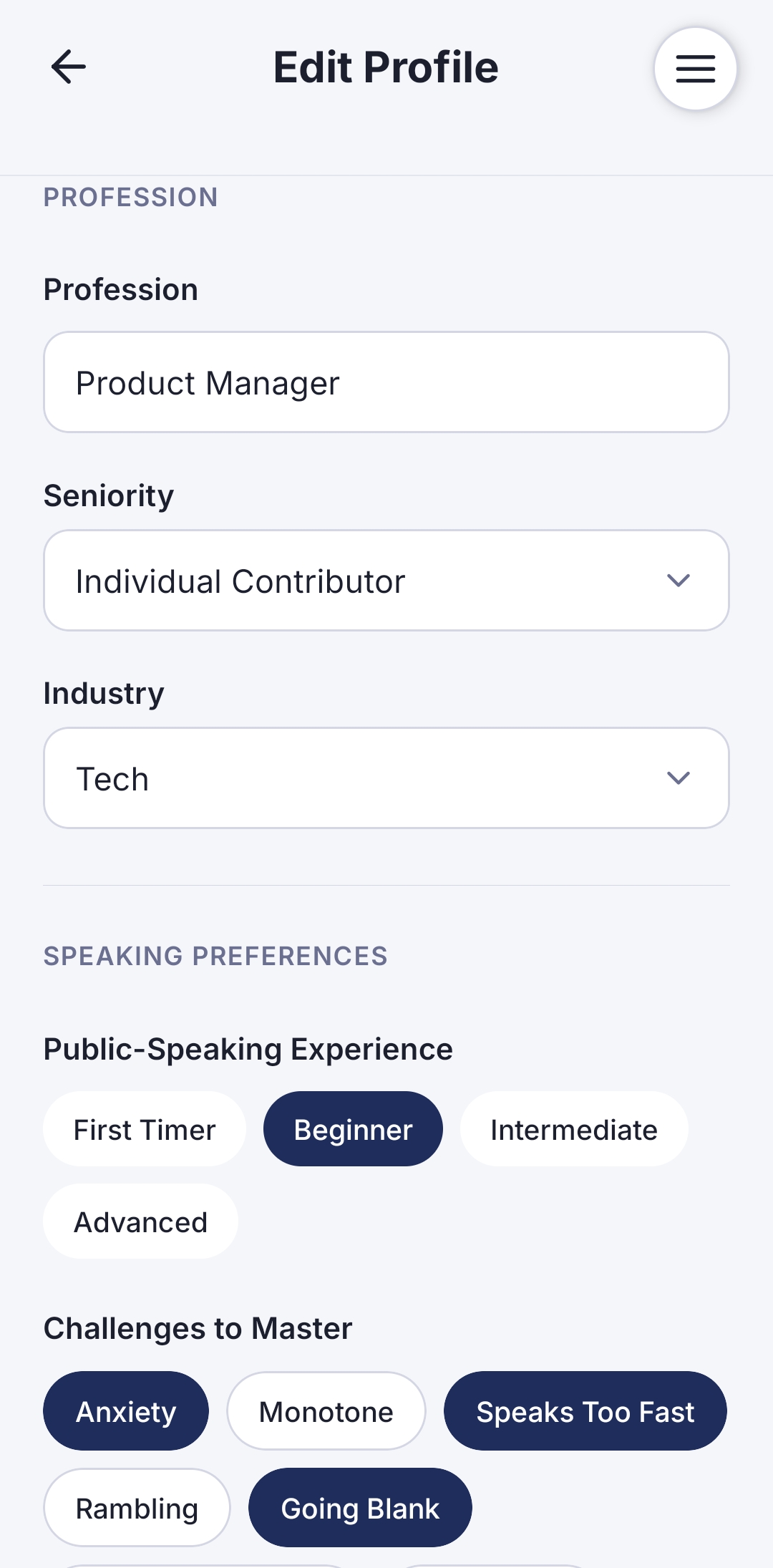 The Edit Profile screen showing Profession (Product Manager), Seniority (Individual Contributor), Industry (Tech), and Challenges selected including Anxiety and Going Blank.