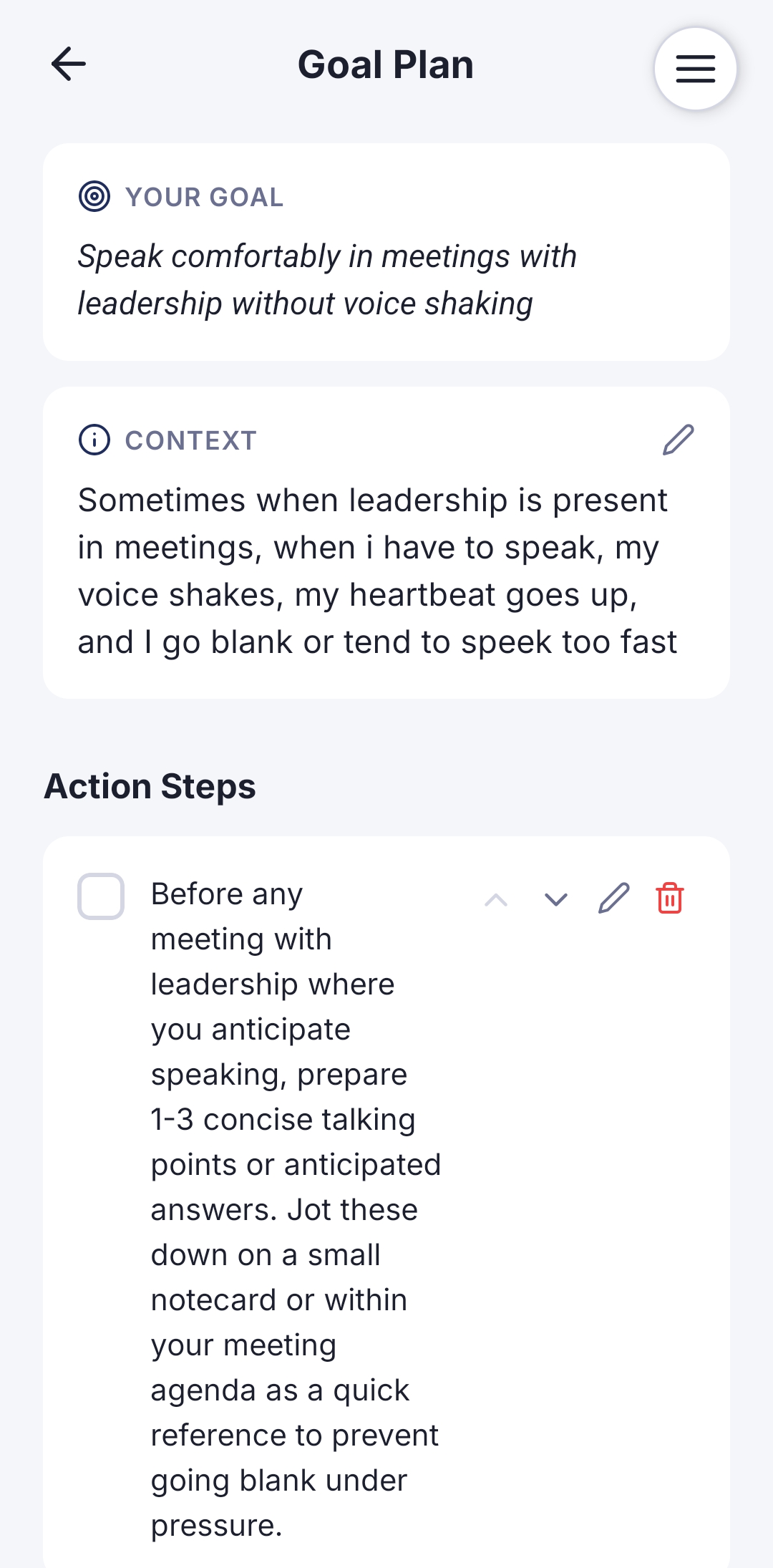 The Goal Plan screen with a speaking goal set to "Speak comfortably in meetings with leadership without voice shaking" and detailed context describing the specific anxiety triggers.