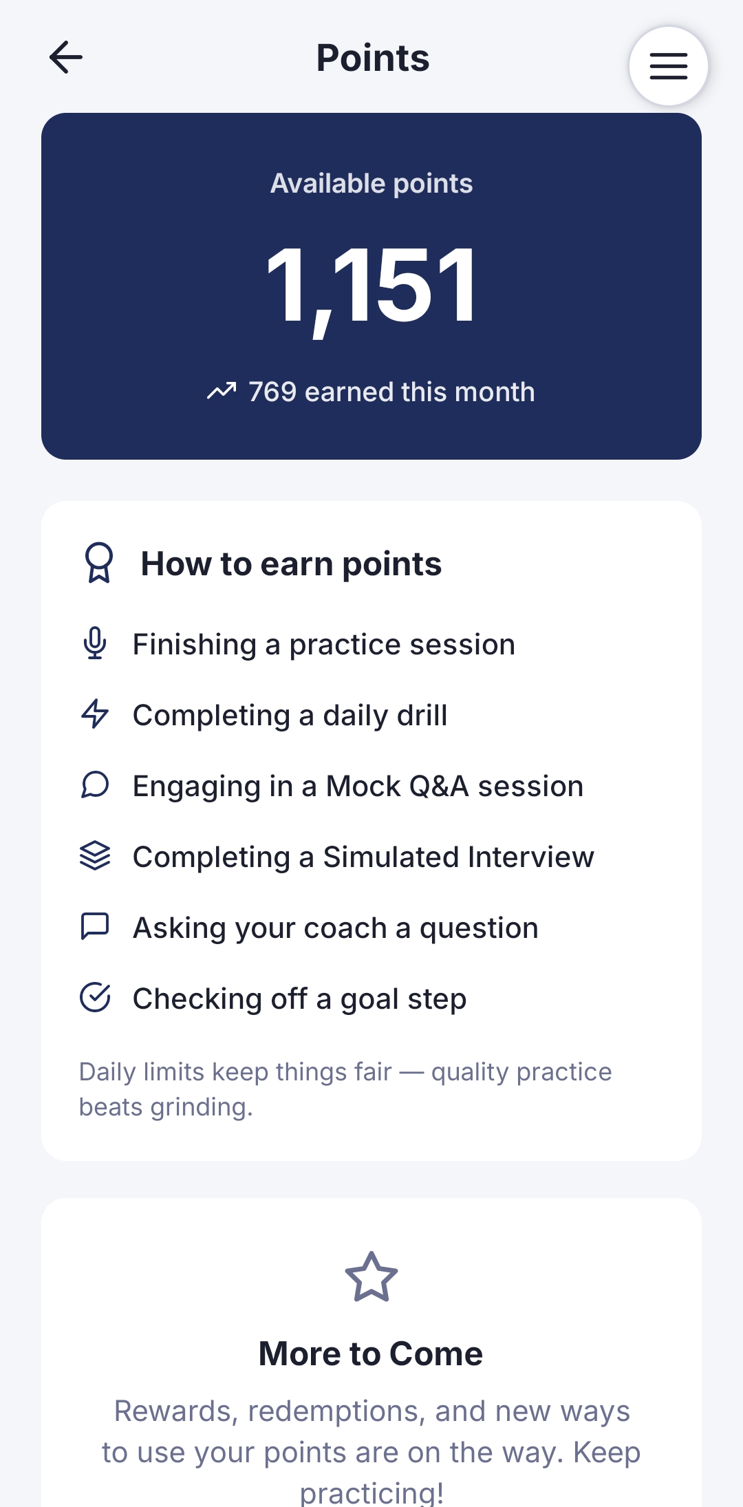 The Points screen showing 1,151 available points with 769 earned this month, and a list of ways to earn more including finishing a practice session and completing a daily drill.