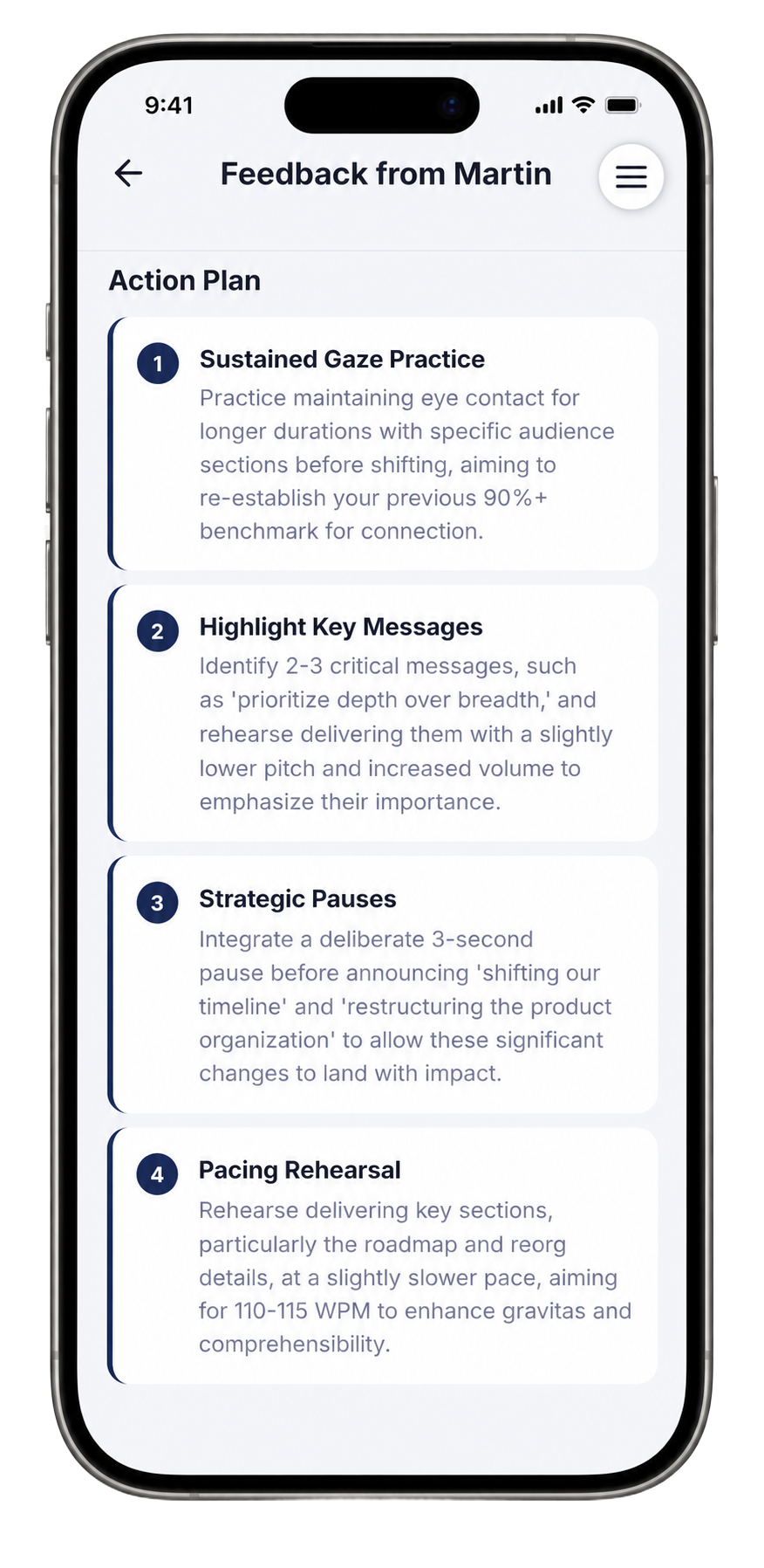 The Action Plan tab from Martin showing four numbered coaching focuses: Sustained Gaze Practice, Highlight Key Messages, Strategic Pauses, and Pacing Rehearsal targeting 110–115 WPM.