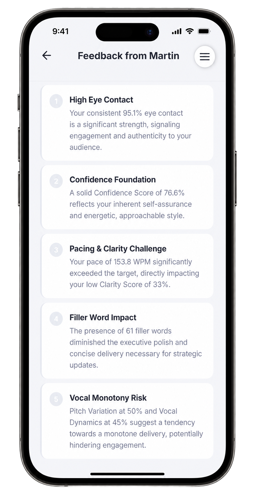 The Feedback Summary tab from Martin showing five observations: High Eye Contact at 95.1%, Confidence Foundation at 76.6%, Pacing and Clarity Challenge at 153.8 WPM causing a 33% Clarity score, Filler Word Impact from 61 fillers, and Vocal Monotony Risk from low pitch and vocal dynamics scores.