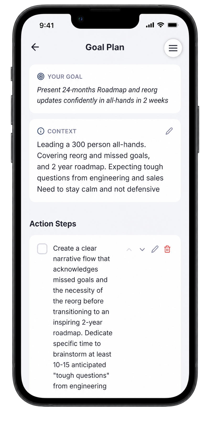 The Goal Plan screen showing a goal of presenting a 24-month roadmap and reorg update, with context about 300 people, tough expected questions, and a detailed brainstorming action step.