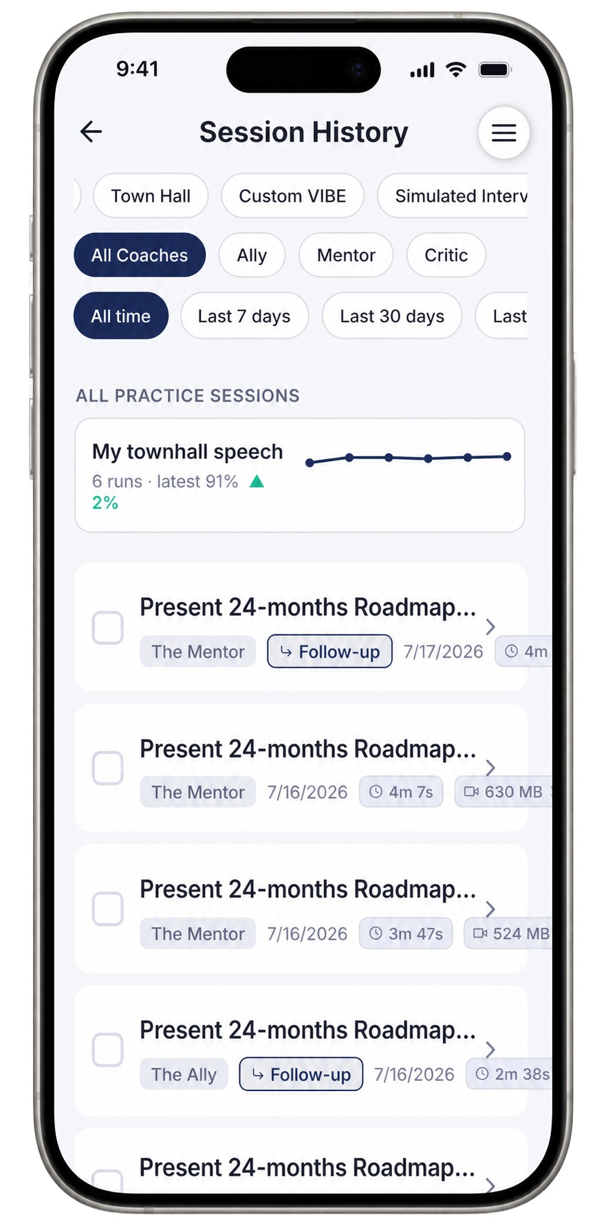 The Session History screen filtered to Custom VIBE sessions, showing a summary card for "My townhall speech" with 6 runs and a latest score of 91, plus a chronological list of individual sessions with their coach, date, and duration.