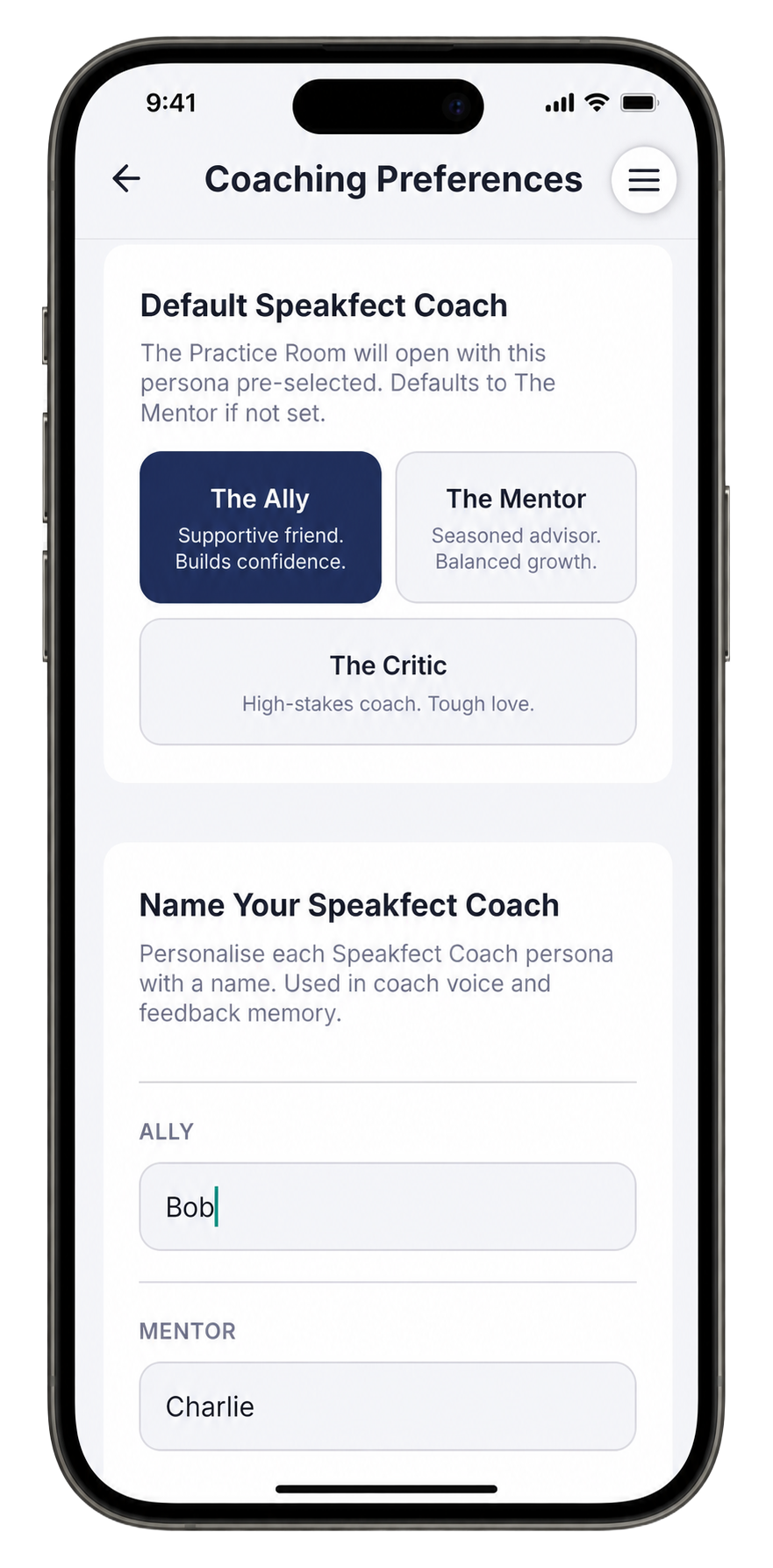The Coaching Preferences screen with The Ally selected as the default coach and a custom name entered.