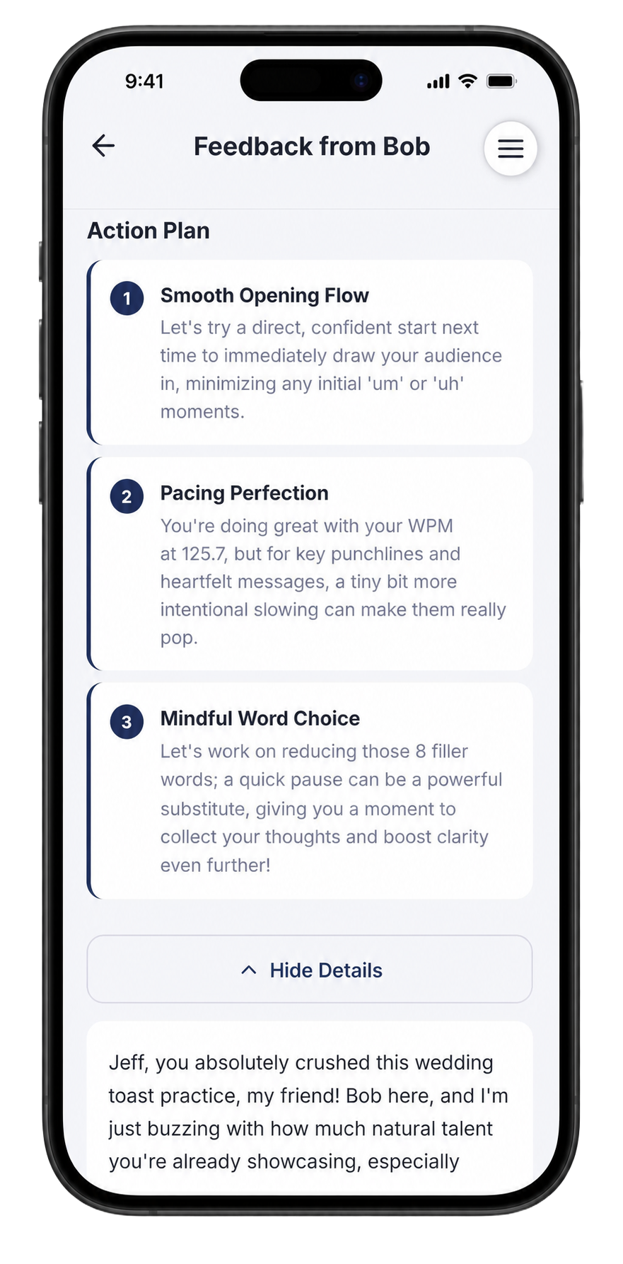 The Action Plan tab showing three numbered coaching focuses: Smooth Opening Flow, Pacing Perfection, and Mindful Word Choice, with a Hide Details toggle below.