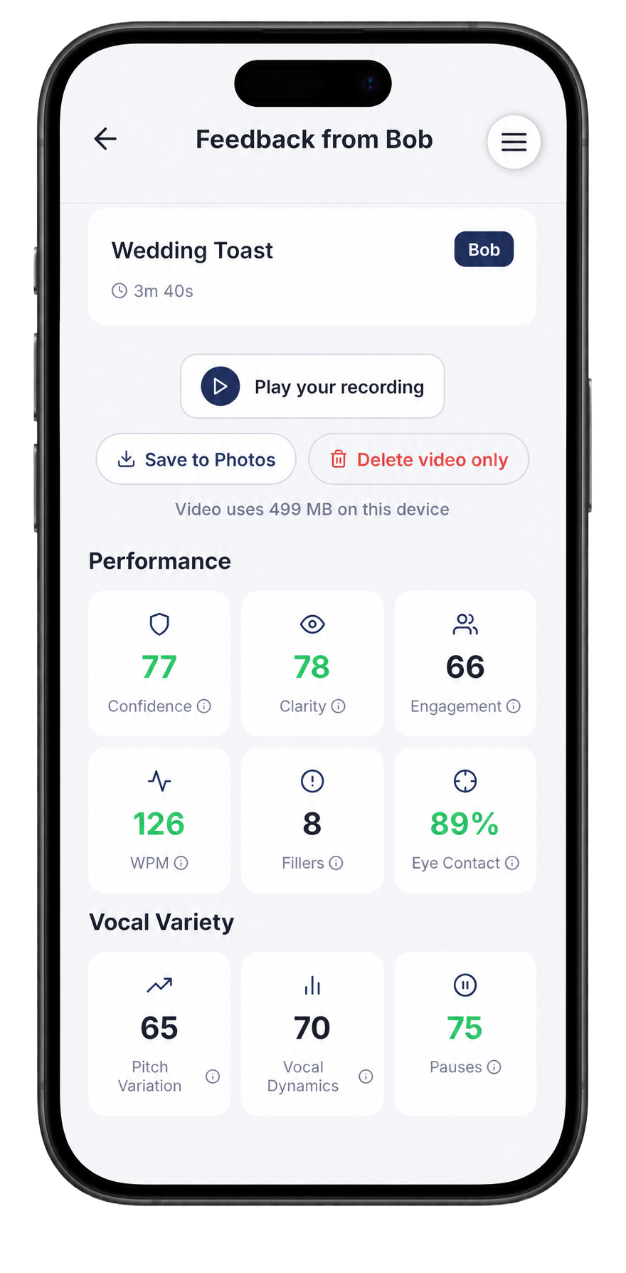 The Feedback from Bob screen after round one, showing Confidence 77, Clarity 78, Engagement 66, WPM 126, 8 filler words, and 89% Eye Contact, with Vocal Variety scores below.