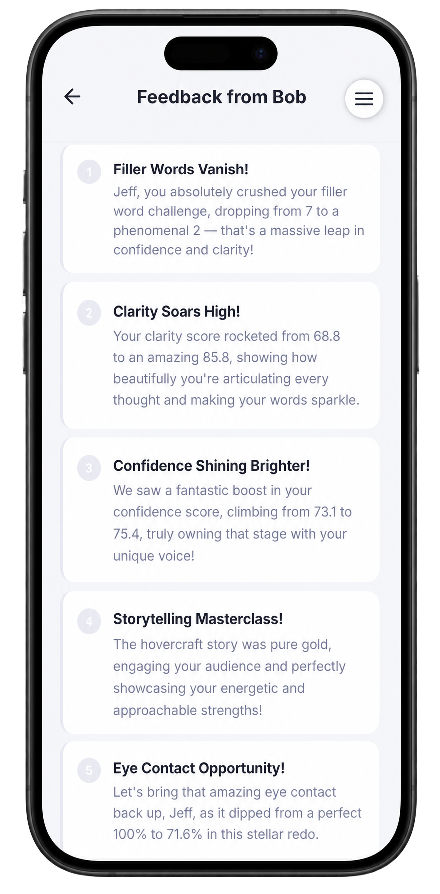 The Feedback Summary after round three showing five highlights: Filler Words Vanish, Clarity Soars High, Confidence Shining Brighter, Storytelling Masterclass, and Eye Contact Opportunity.