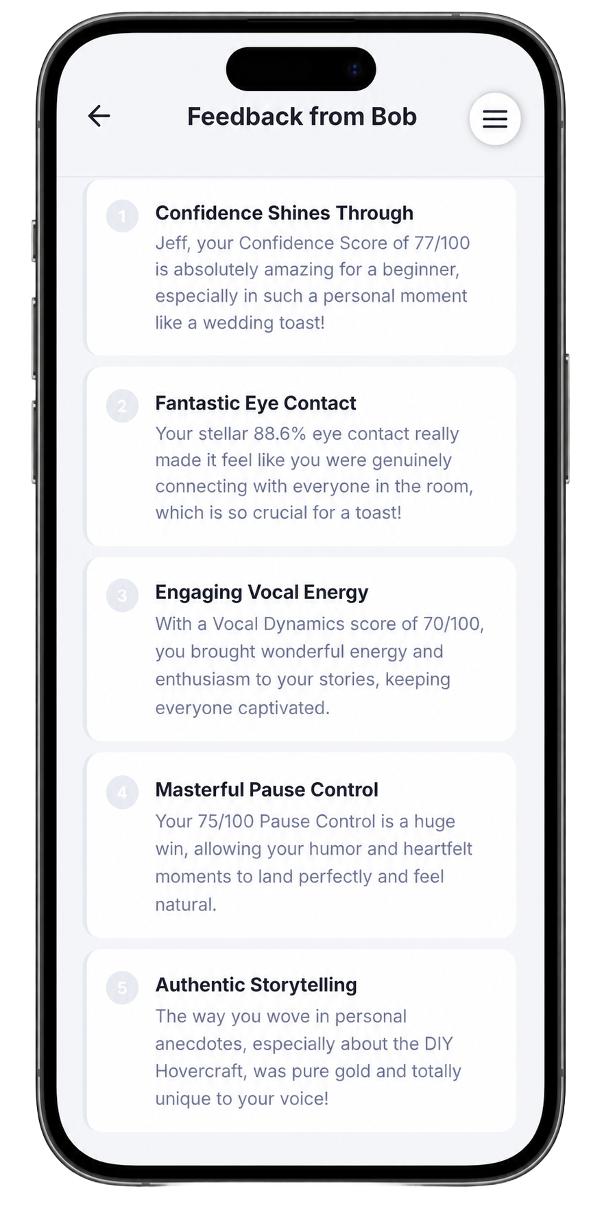 The Feedback Summary tab showing five coach observations: Confidence Shines Through, Fantastic Eye Contact, Engaging Vocal Energy, Masterful Pause Control, and Authentic Storytelling.