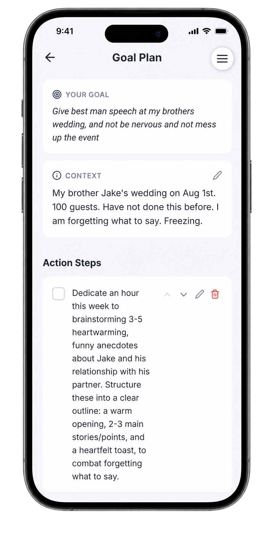 The Goal Plan screen showing a goal of delivering a best man speech at a brother's wedding, with context about 100 guests and a detailed action step for brainstorming and structuring the speech.