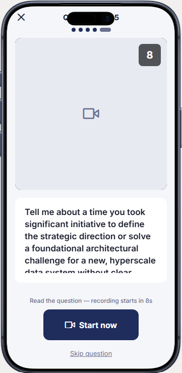 Speakfect app screen for recording an interview answer on camera