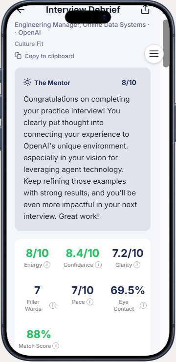 Speakfect app interview debrief screen showing confidence, clarity, and energy scores