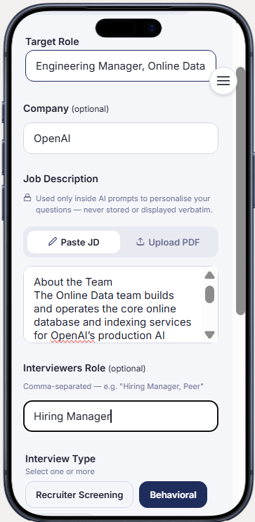 Speakfect app screen for configuring interview coaching preferences